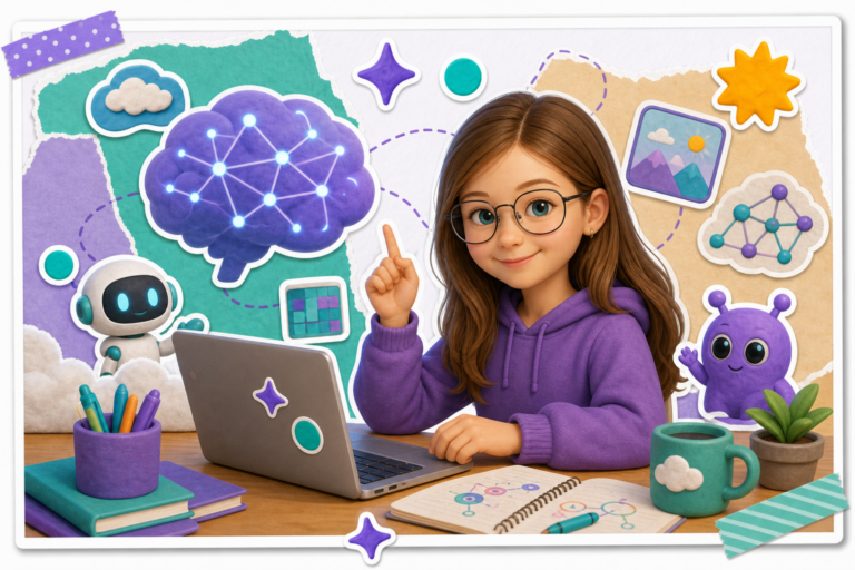 Обложка: ребёнок и родитель изучают нейросеть на планшете в стиле scrapbook TEEN.AI