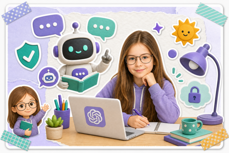 Обложка: безопасный ChatGPT для детей — чат-бот и щит в scrapbook-стиле TEEN.AI