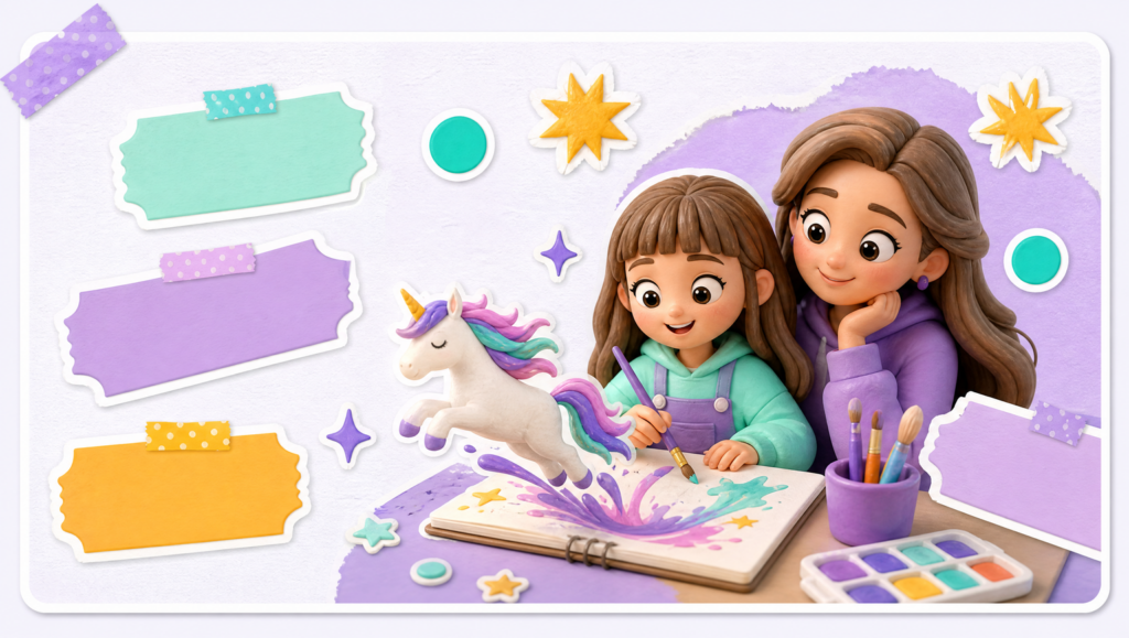 Обложка: промты для нейросети — стикеры и рисунок единорога в scrapbook TEEN.AI