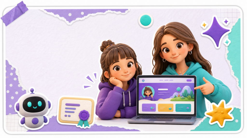 Обложка: школьник собирает AI-проект — ноутбук и стикеры портфолио TEEN.AI
