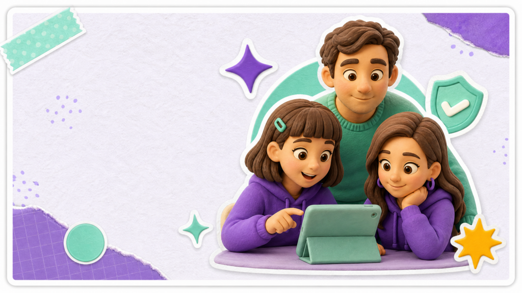 Обложка: безопасность нейросетей для детей — щит и семья в scrapbook TEEN.AI